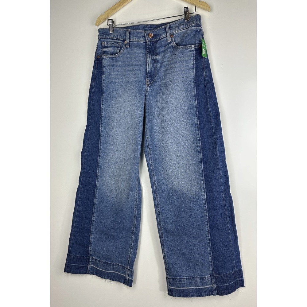 NWT GAP High Rise Stride Wide Leg Jeans 30 10R Colorblock Blue Denim Raw Hem - Picture 2 of 11